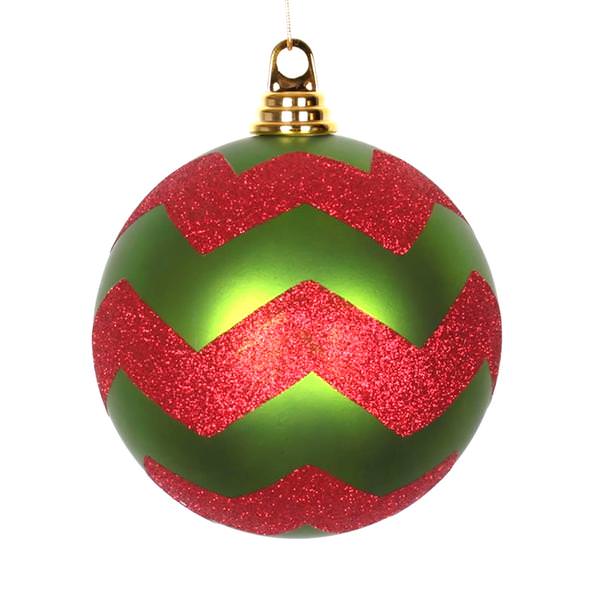 6" Lime / Red Matte Glitter Chevron Ball Ornament