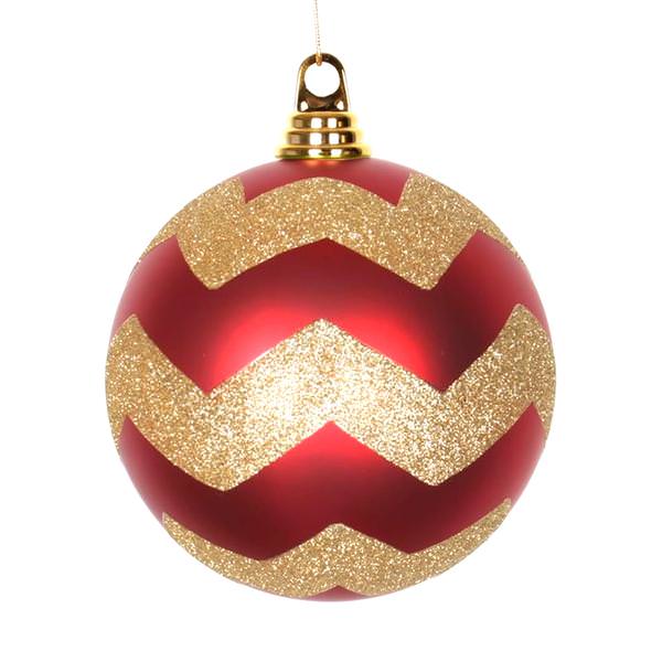 6" Red / Gold Matte Glitter Chevron Ball Ornament