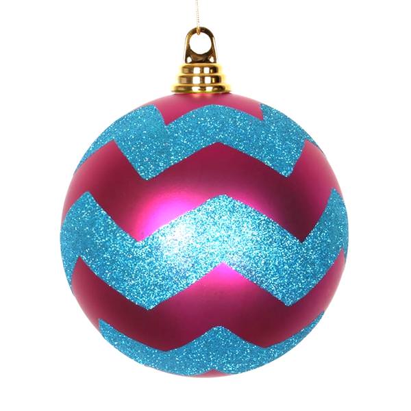 6" Cerise / Turquoise Matte Glitter Chevron Ball Ornament