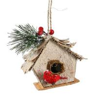 Vickerman 5" Birch Bird House Icy Pine Berries Ornament