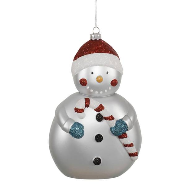 7.9" Silver Matte Glitter Snowman With Candy Cane Ornament