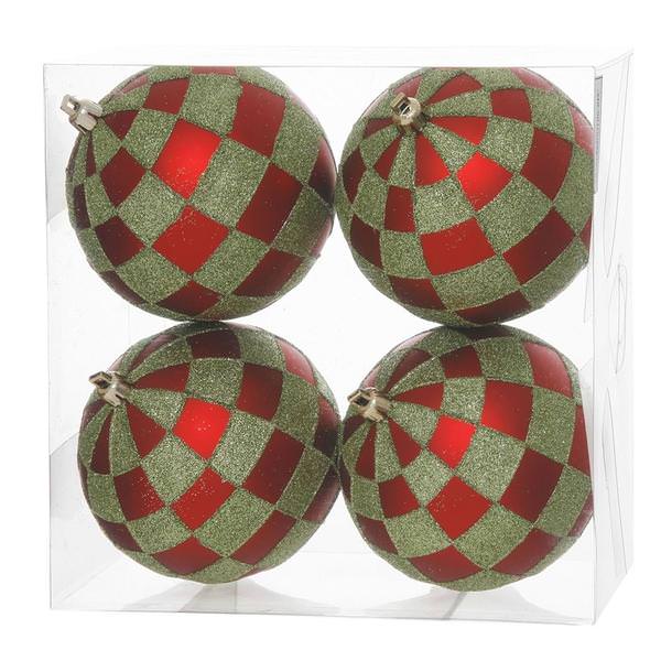 4" Red / Lime Checkered Matte Glitter Ball Ornament (4 pack)