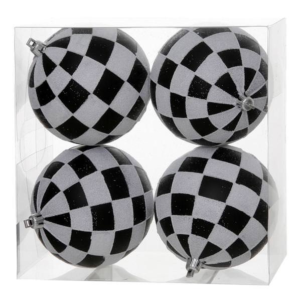 4" Black / White Checkered Matte Glitter Ball Ornament (4 pack)