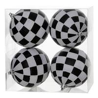 Vickerman 4" Black / White Checkered Matte Glitter Ball Ornament (4 pack)