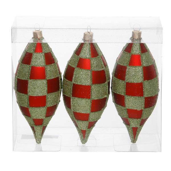 4.7" Red / Lime Checkered Matte Glitter Drop Ornament (3 pack)