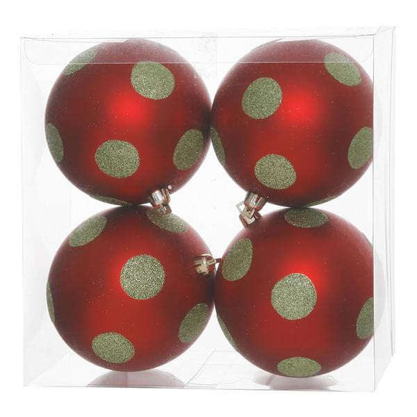 4" Red / Lime Polka Dot Matte Glitter Ball Ornament (4 pack)
