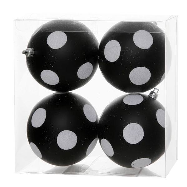 4" Black / White Polka Dot Matte Glitter Ball Ornament (4 pack)