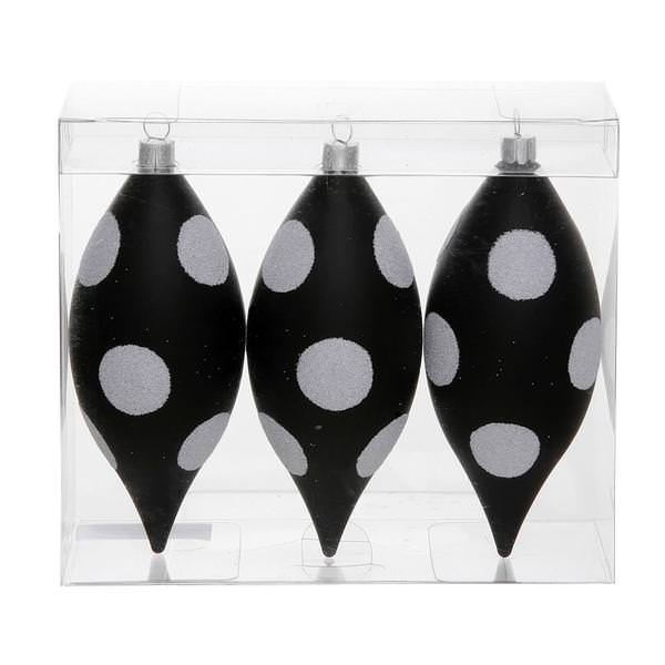 4.7" Black / White Polka Dot Glitter Drop Ornament (3 pack)