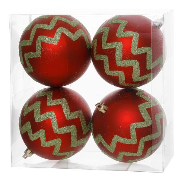 4" Red / Lime Matte Glitter Chevron Ball Ornament (4 pack)