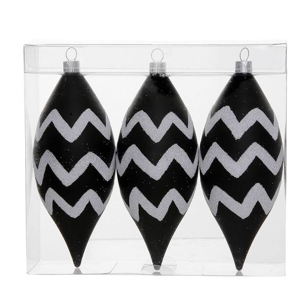4.7" Black / White Chevron Glitter Drop Ornament (3 pack)