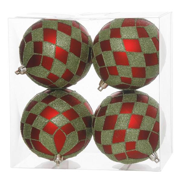 4" Red / Lime Diamond Glitter Ball Ornament (4 pack)