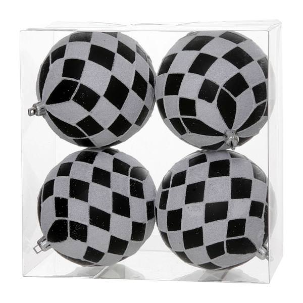 4" Black / White Diamond Glitter Ball Ornament (4 pack)