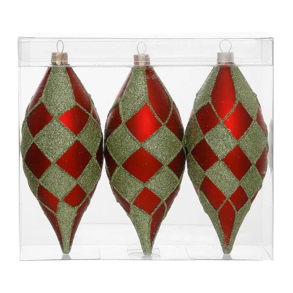 4.7" Red / Lime Diamond Matte Glitter Drop Ornament (3 pack)