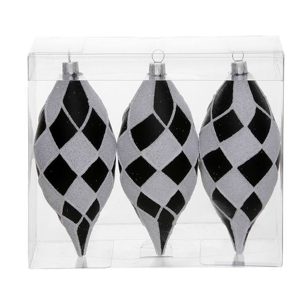 4.7" Black / White Diamond Matte Glitter Drop Ornament (3 pack)