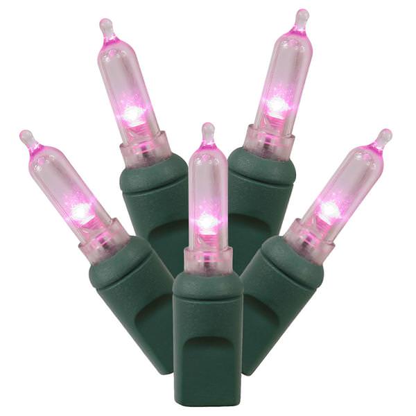 50 Light 25' Green Wire Pink Italian LED Miniature String with 6" Spacing