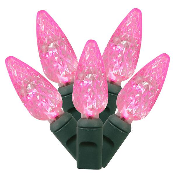 50 Light 25' Green Wire Pink C6 LED String with 6" Spacing