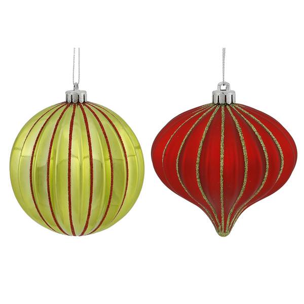 4" Red / Lime Matte Glitter Onion Ball Ornament (9 pack)