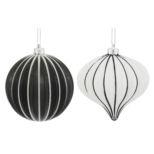 4" Black-White Matte Glitter Onion and Ball Assorted Ornament (set of 9)