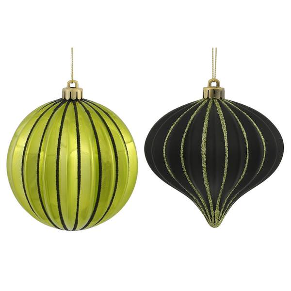 4" Lime / Black Matte Glitter Onion Ball Ornament (9 pack)