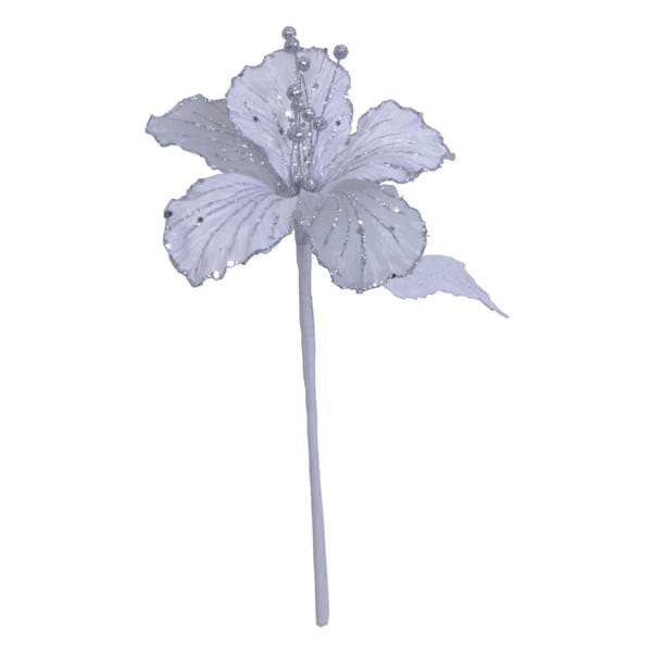 21" White Velvet Sheer Hibiscus 6" Flower Pick