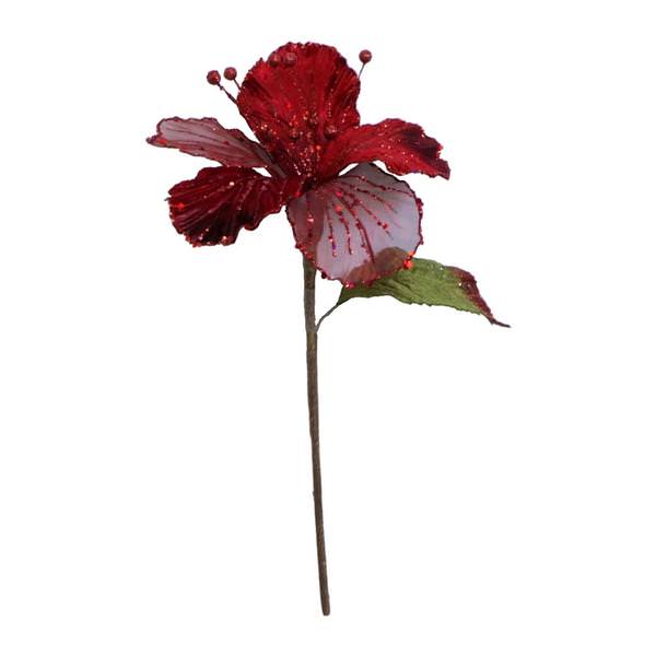 21" Red Velvet Sheer Hibiscus 6" Flower Pick