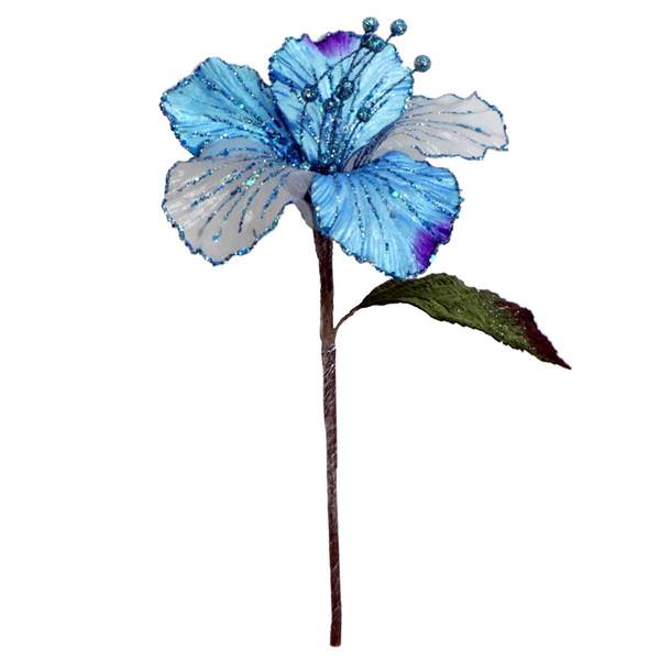 21" Aqua Velvet Sheer Hibiscus 6" Flower Pick