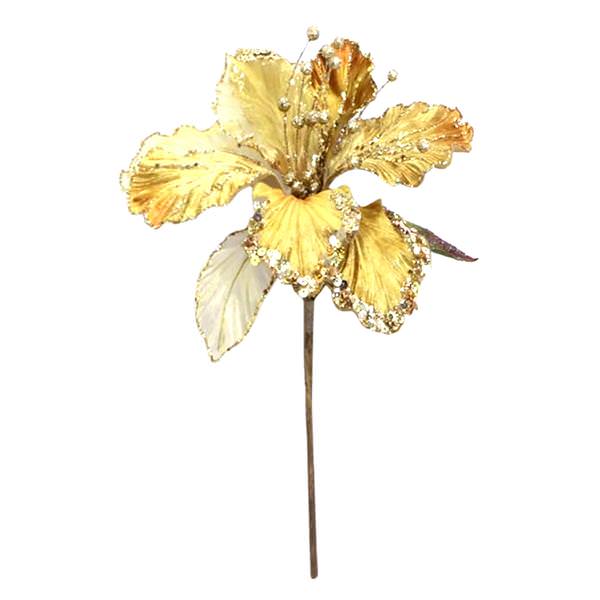 27" Gold Glitter Amaryllis 7.5" Flower Pick