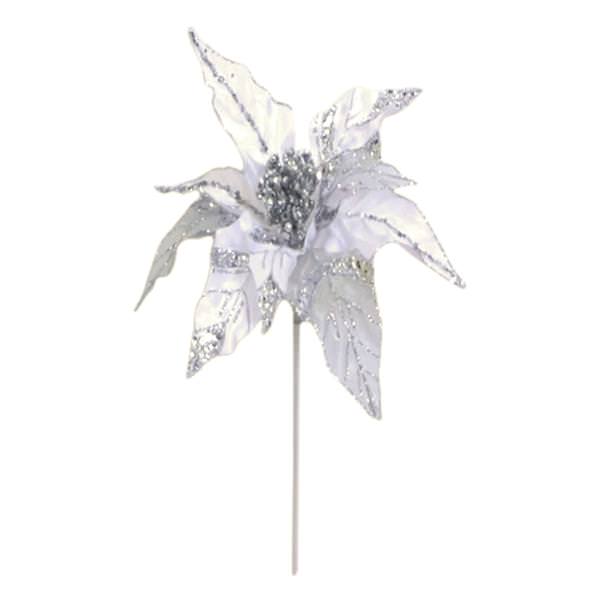 32" White Glitter Poinsettia 11" Flower Pick