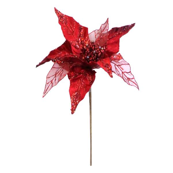 32" Red Glitter Poinsettia 11" Flower Pick