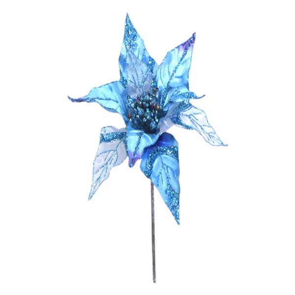 32" Aqua Glitter Poinsettia 11" Flower Pick