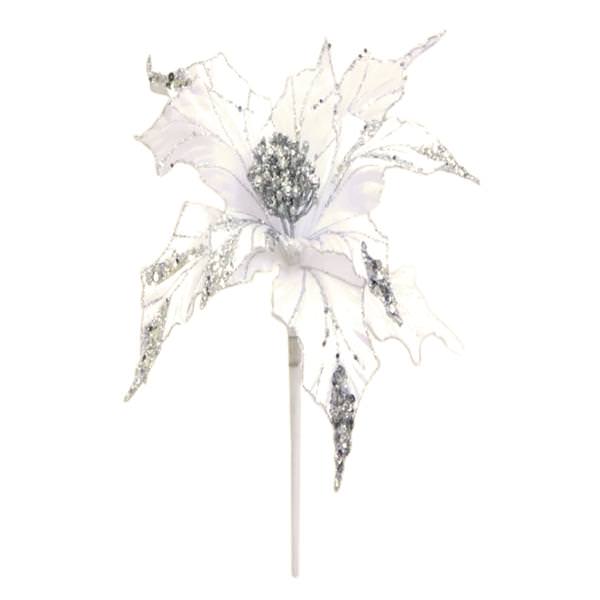 31" White Glitter Poinsettia 13" Flower Pick