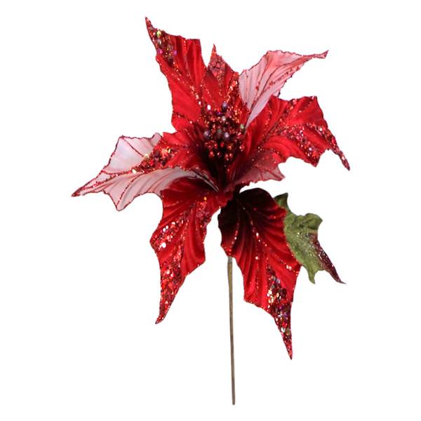 31" Red Glitter Poinsettia 13" Flower Pick