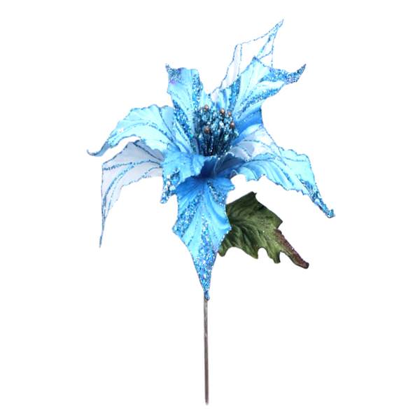 31" Aqua Glitter Poinsettia 13" Flower Pick