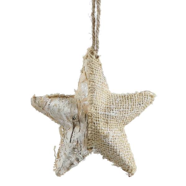 6.5" Half Burlap Half Birch Glitter Star Ornament