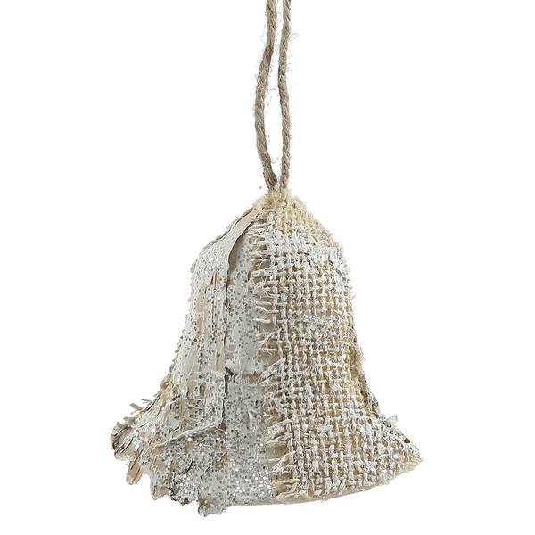 4.5" Half Burlap Half Birch Glitter Bell Ornament