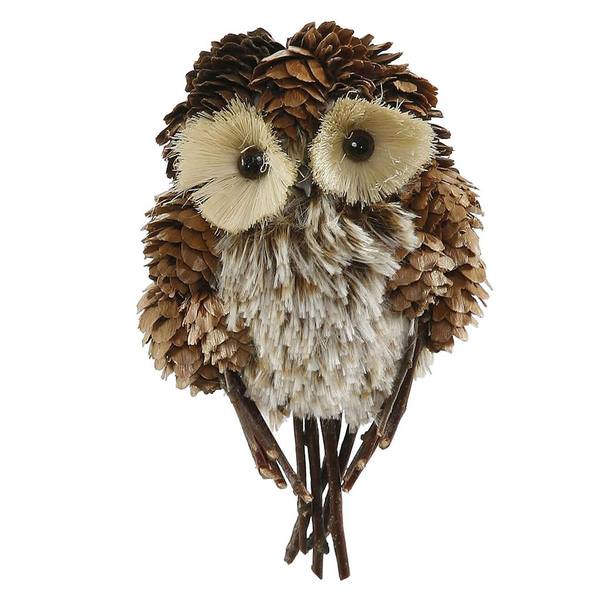 6.5" Furry Birch Owl Pine Cone Feathers Ornaments