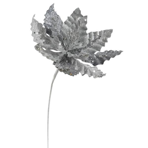 8" Silver Sparkle Poinsettia Pick
