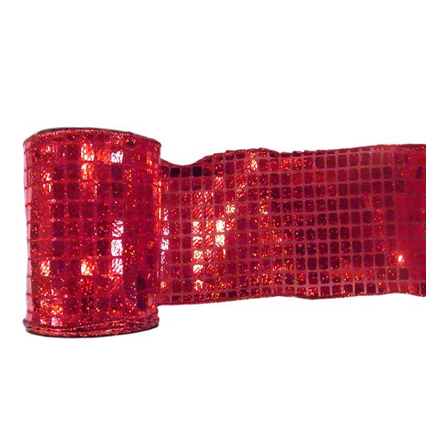 6" x 10yd Red Mesh Metallic Check Ribbon
