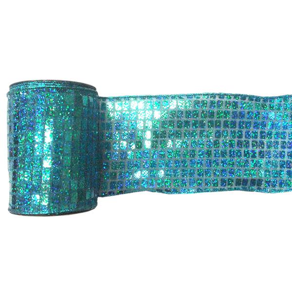 4" x 10yd Aqua Mesh Metallic Check Ribbon