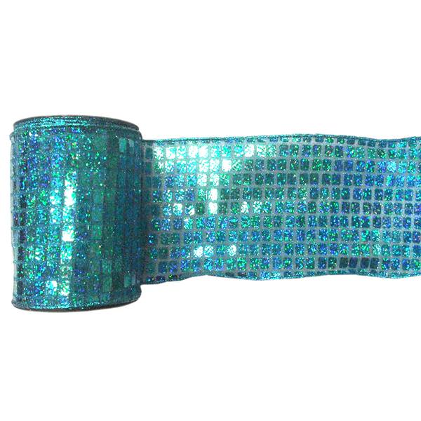 6" x 10yd Aqua Mesh Metallic Check Ribbon