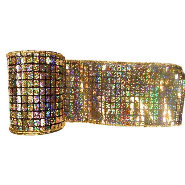 4" x 10yd Black / Gold Metallic Check Ribbon