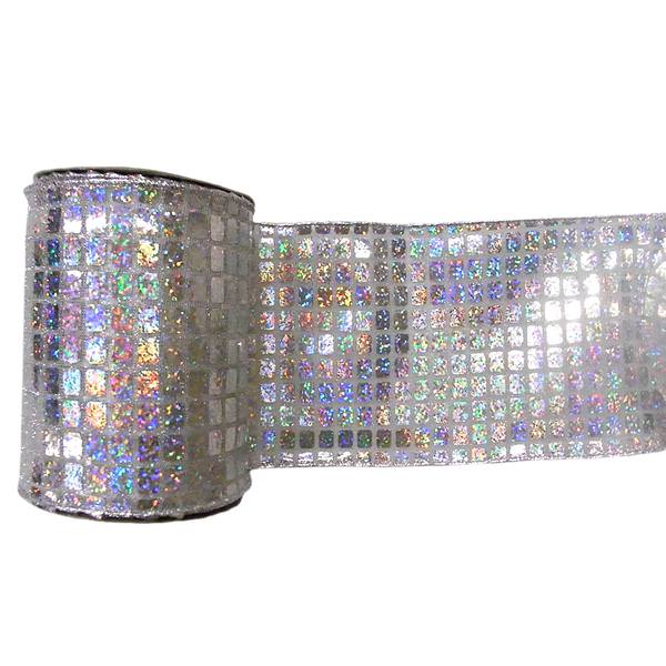 4" x 10yd White / Silver Metallic Check Ribbon