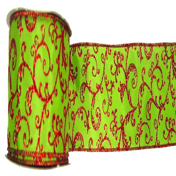 2.5" x 10yd Lime / Red Swirl Ribbon