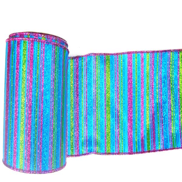 4" x 10yd Blue Glitter Stripe Ribbon
