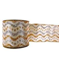 Vickerman 2.5" x 10yd Ivory / Gold / Silver Swirl Dots Ribbon