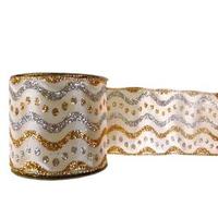 Vickerman 4" x 10yd Ivory / Gold / Silver Swirl Dots Ribbon