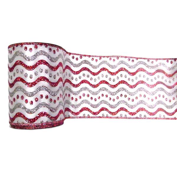 2.5" x 10yd White / Red / Silver Swirl Dots Ribbon