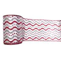 Vickerman 2.5" x 10yd White / Red / Silver Swirl Dots Ribbon