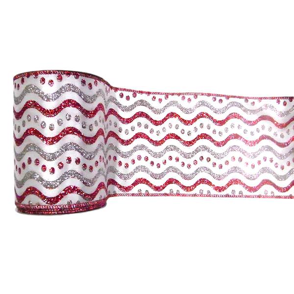 4" x 10yd White / Red / Silver Swirl Dots Ribbon
