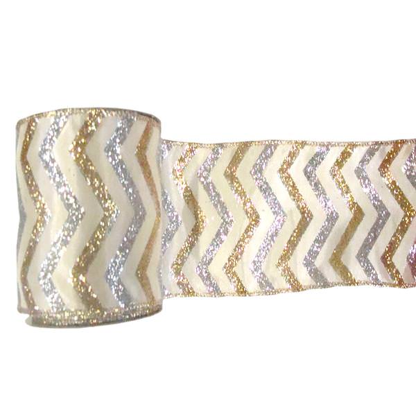 2.5" x 10yd Cream / Gold / Silver Chevron Ribbon